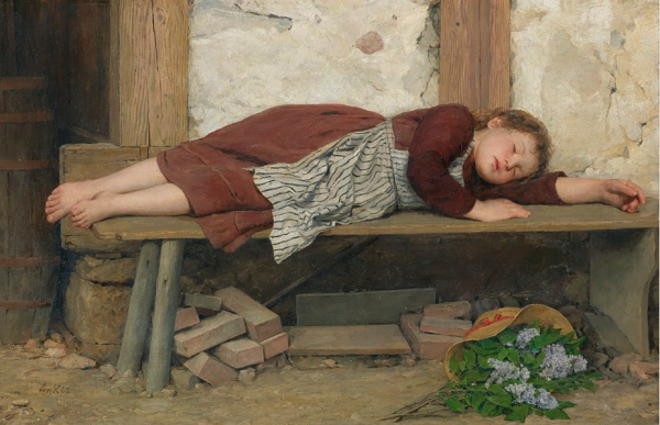 Niña durmiendo en un banco de madera. Albert Anker, 1885